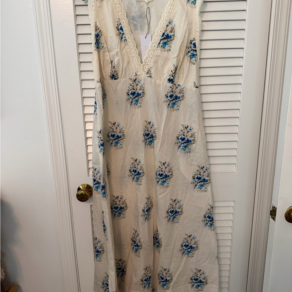 Indian Summer Cream Maxi Dress with Blue Floral Print